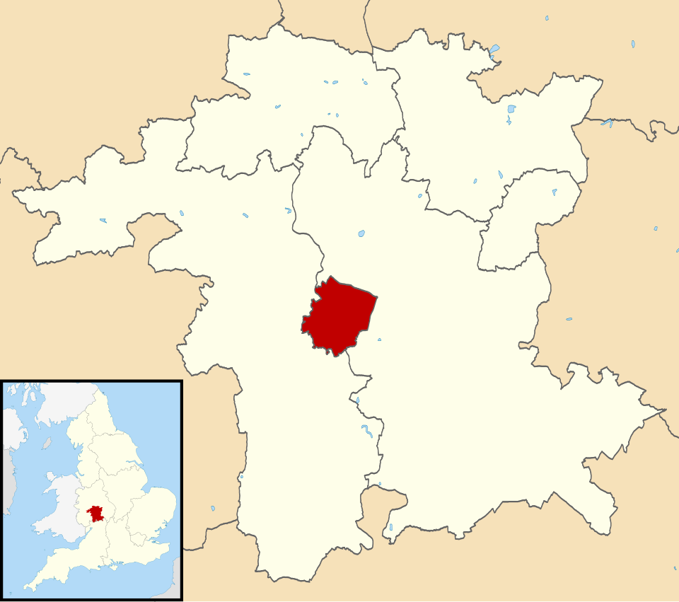 Static locator map of Worcestershire with the City of Worcester highlighted